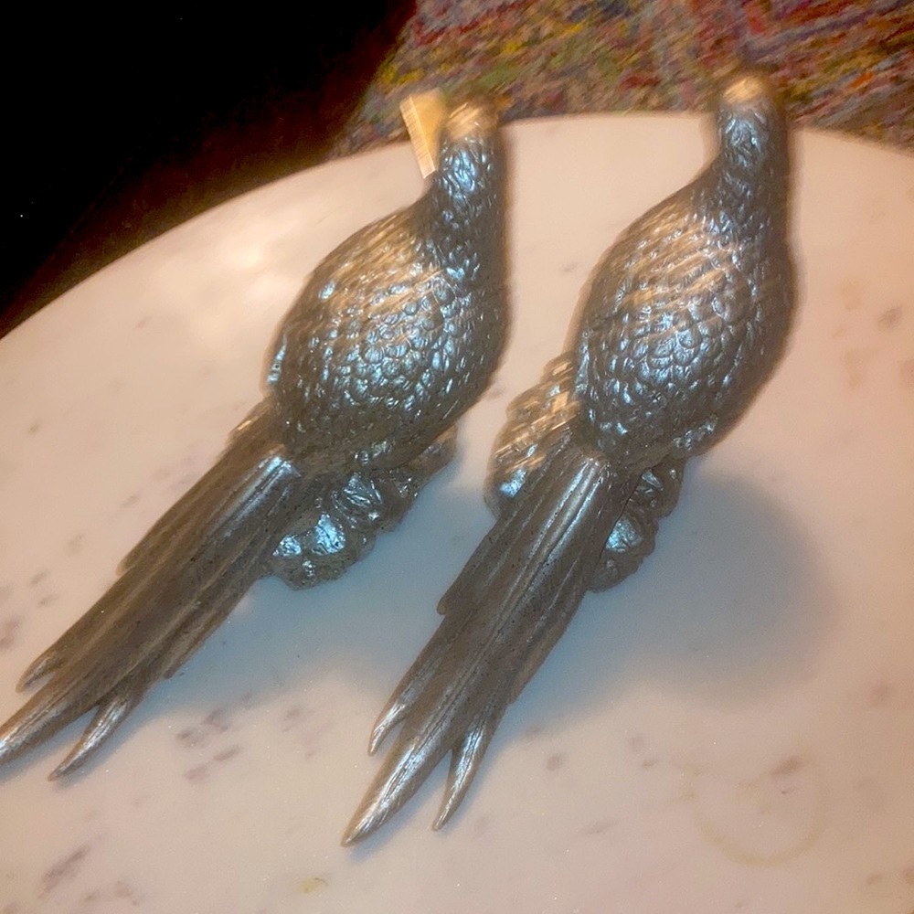 PAIR Of silver grouse/turtledoves/partridges silver finish ceramic.